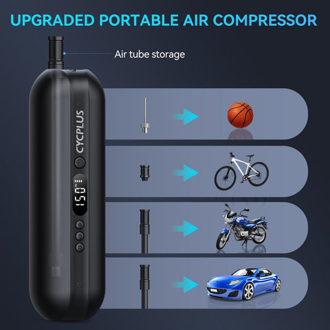 On The Go Portable Electric Air Compressor Pump For Bikes And Cars showing adapters and uses with balls, bikes, motorcycles, and cars.
