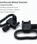 Rock Solid All Metal Sling Swivels 1 Inch Two Point Attachment Clips For Rifle And Shotgun Featuring Silent Tri Lock Quick Release Hardware No Hassle Plug Play Setup Guaranteed Sweet Fit Pack Of 2 showing durable black metal swivels with easy attach feature.