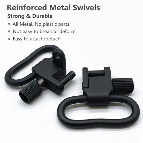 Rock Solid All Metal Sling Swivels 1 Inch Two Point Attachment Clips For Rifle And Shotgun Featuring Silent Tri Lock Quick Release Hardware No Hassle Plug Play Setup Guaranteed Sweet Fit Pack Of 2 showing durable black metal swivels with easy attach feature.