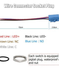Wire Connector Socket Plug with labeled wires and components for 19mm Latching Pushbutton Switch With Dope Blue 12V LED Power Symbol.