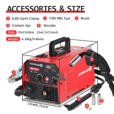 Acewelders Super Cool 130A Gasless Flux Core Mig Welder with accessories, size dimensions 33x17x19cm, 6.6ft earth clamp and 7.9ft MIG gun.