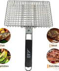 Portable Stainless Steel BBQ Grill Basket With Folding Handle For Camping Perfect For Fish Shrimp Veggies And More Heavy Duty Mesh