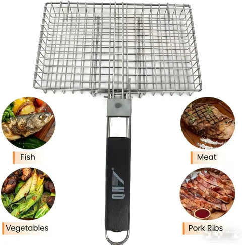 Portable Stainless Steel BBQ Grill Basket With Folding Handle For Camping Perfect For Fish Shrimp Veggies And More Heavy Duty Mesh