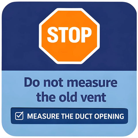 Stop sign with text 'Do not measure the old vent, measure the duct opening' in blue background.