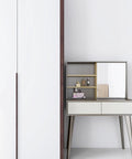 White wardrobe with Matte White Edge Cabinet Finger Pull and sleek modern vanity beside it, showcasing minimalist furniture design.