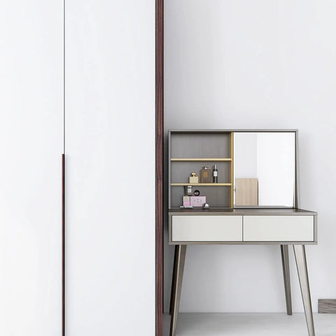 White wardrobe with Matte White Edge Cabinet Finger Pull and sleek modern vanity beside it, showcasing minimalist furniture design.