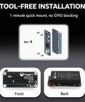 Built Tough Reliable 1200mAh Mini Uninterruptible Power Supply Battery Pack Designed For Raspberry Pi Zero W Wh And 2W Model Board With Auto Boot Backup Switch showing front and back views for tool-free installation.