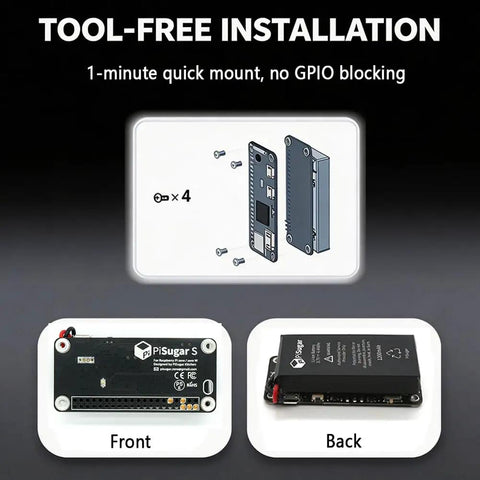 Built Tough Reliable 1200mAh Mini Uninterruptible Power Supply Battery Pack Designed For Raspberry Pi Zero W Wh And 2W Model Board With Auto Boot Backup Switch showing front and back views for tool-free installation.