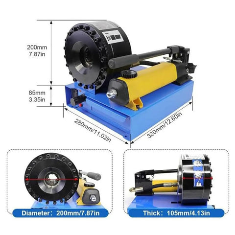 Badass Heavy Duty Hydraulic Hose Crimper With Seven Forged Steel Die Sets And Magnetic Quick Swap Molds For Lightning Fast One Thousand Kilonewton Tube Press Jobs, detailed view with size measurements.