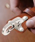 Four Pairs Of Silver Zinc Alloy Web Joint Buckles For Crafts, Built Tough To Beat Wear And Tear, Adjustable Airplane Style Buckles For DIY Projects, Perfect For Belts, Straps, Bags, And Garments. Silver zinc alloy airplane-style buckle on brown leather strap