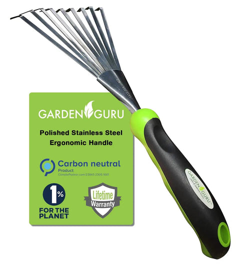 Stainless Steel Hand Rake With Ergonomic Handle For Gardening shown with label highlighting carbon neutral and lifetime warranty.