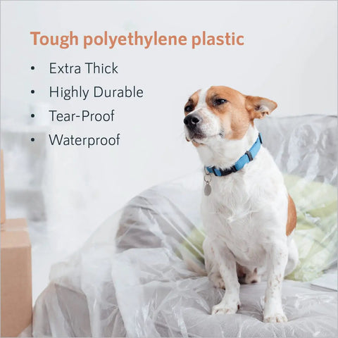 Dog sitting on Bulk 30 Pack Painter Plastic Drop Cloths For Painting 9x12 Tarp Plastic Sheeting Floor And Furniture Protection.