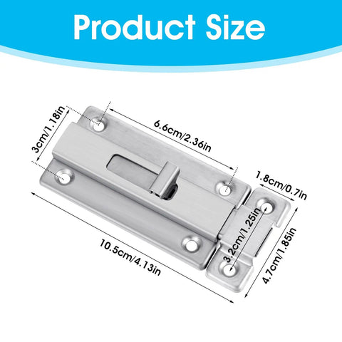 Two Pack Locks Down Tight Bathroom Stall Door Latch With 4 Inch Stainless Steel Slide Bolt Lock For Internal Doors Rust Resistant dimensions image.