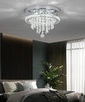 Crystal Chandelier With K9 Crystals And Stainless Steel Pendant Light, 3 LED Lights, Flush Mount Ceiling Fixture in bedroom.