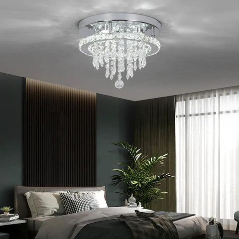 Crystal Chandelier With K9 Crystals And Stainless Steel Pendant Light, 3 LED Lights, Flush Mount Ceiling Fixture in bedroom.