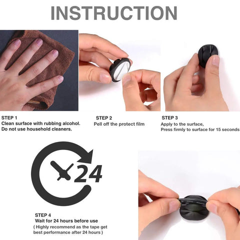 Instruction steps showing application of 16 Pack White Self Adhesive Cable Clips For Desk And Nightstand Cable Management.