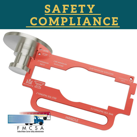 Must Have King Pin Wear Gauge For Trailers 2 Inch And 3.5 Inch Aluminum Alloy Tool With Handle Detect SAE J700 And J848 Kingpins, Easy 360 Degree Spin To Check Pin Wear On Level Ground, Built Tough For Real Trailer Work. Red aluminum trailer kingpin wear gauge with handle and FMCSA safety compliance