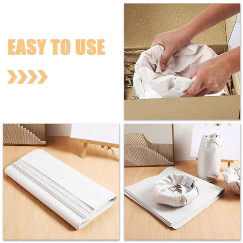 Three images showing Newsprint Packing Paper Cushions For Shipping And Moving, Lightweight Wrapping Sheets used for packing fragile items.