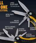 Front view of a 12-in-1 mini multitool with pliers, showing large blade, serrated knife, bottle opener, and screwdrivers.