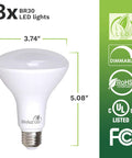 Eight Pack BR30 LED Flood Light Bulbs For Indoor Home Lighting, 3000K Soft White, Dimmable, dimensions 3.74 x 5.08 inches