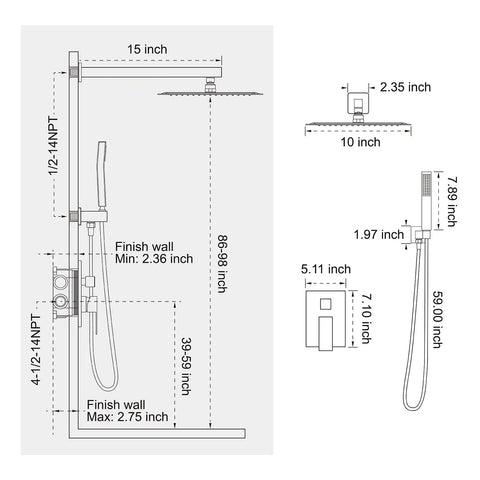 Technical diagram of Matte Black Shower Faucet Set With 10 Inch Rainfall Shower Head, Wall Mounted Fixtures With Valve And Trim Kit