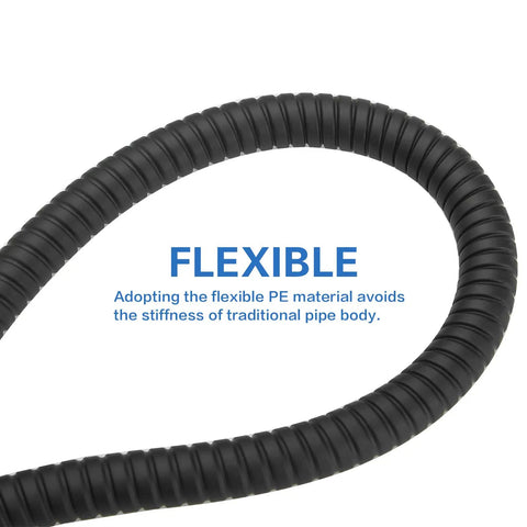 Close-up of flexible matte black stainless steel shower hose showing texture, part of Extra Long Matte Black Stainless Steel Shower Hose Extension With Flexible Handheld Sprayer, Leak Free Gaskets, Easy Install, 118 Inch Length, Also Available In 59, 69, 79, 98 Inch Options For Shower Head Attachment And Toilet Cleaning.