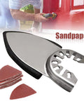 Finger Sanding Sheets Kit For Oscillating Multitools with disc pads, triangle pad, and man using tool on red door