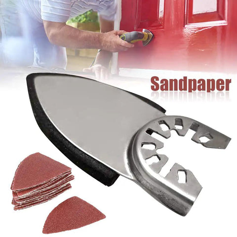 Finger Sanding Sheets Kit For Oscillating Multitools with disc pads, triangle pad, and man using tool on red door