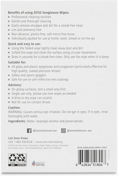 ZEISS sunglasses cleaning wipes box back view, 120 count, white packaging with usage instructions and barcode.