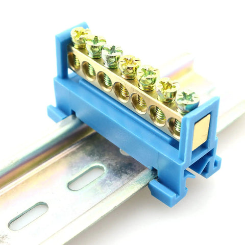 Seven Position Terminal Block Bus Bar With Brass Screw Terminals For DIN Rail Grounding Strip Easy Snap In Mount Fifty Millimeter Long Six Millimeter Holes M5 Screws Copper Bar Height Nine Millimeter Bottom Mount Cold Pressed Copper, plastic insulator visible