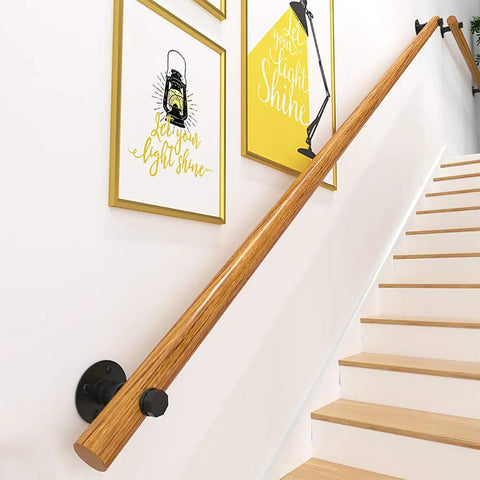 Top Shelf Pine Handrail Kit With A Round Solid Build Measuring 270 Cm, heavy-duty wooden railing on stairs with black mounts.