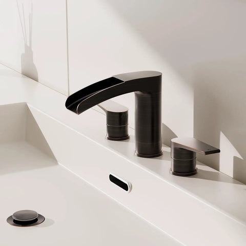 Oil Rubbed Bronze Waterfall Bathroom Faucet Dope All Metal Build 8 Inch Widespread 3 Hole Modern Design With Pop Up Drain