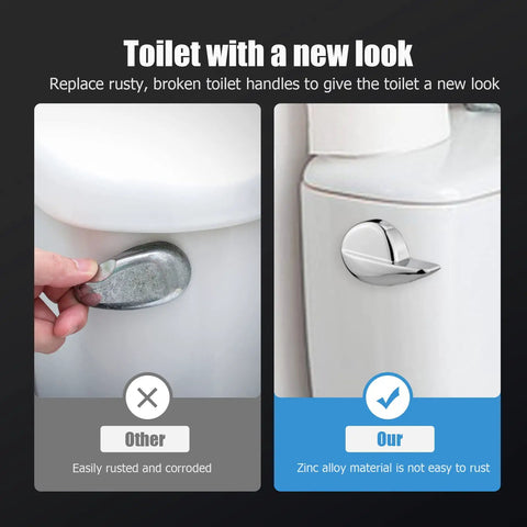 Universal Side Mount Toilet Handle Replacement Kit with zinc alloy lever shown on a toilet tank, demonstrating rust resistance.