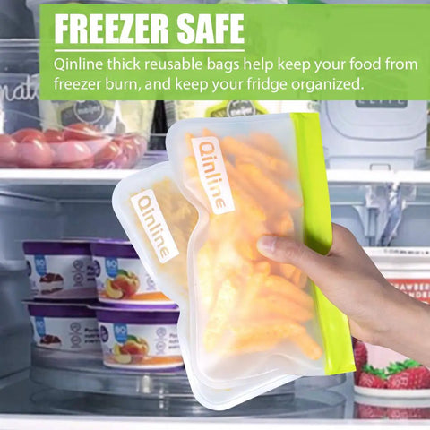Hand holding 10 Pack Reusable Storage Bags BPA Free Freezer Bags Set Includes 2 Gallon Bags 4 Sandwich Bags 4 Thick Snack Bags in fridge
