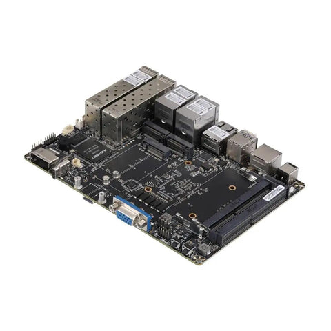 Motherboard for Mini Pc Tower Powered By The Atom C3958 Processor With Sixteen Gb Ram featuring SFP+ fiber and Ethernet ports.