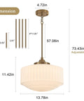 Vintage Brass Milk Glass Pendant Light 13.8in White Pleated Chandelier, E26 with dimensions and adjustable height details.