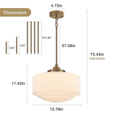 Vintage Brass Milk Glass Pendant Light 13.8in White Pleated Chandelier, E26 with dimensions and adjustable height details.