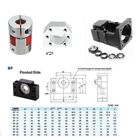 Components of the 25mm CNC Ballscrew Kit SFU2504 RM2504 with end blocks, coupler, and Nema 34 motor bracket.