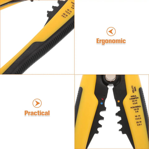 Pro Grade Automatic Self Adjusting Wire Stripper And Crimping Pliers Featuring Precision Auto Cutting Blades with rubber grips.