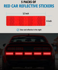 Five packs of red car reflective stickers measuring 12x6 inches, shown on rear of a car for nighttime visibility.
