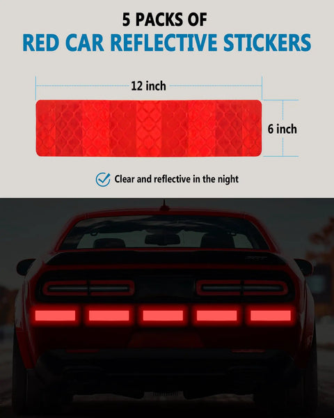 Five packs of red car reflective stickers measuring 12x6 inches, shown on rear of a car for nighttime visibility.
