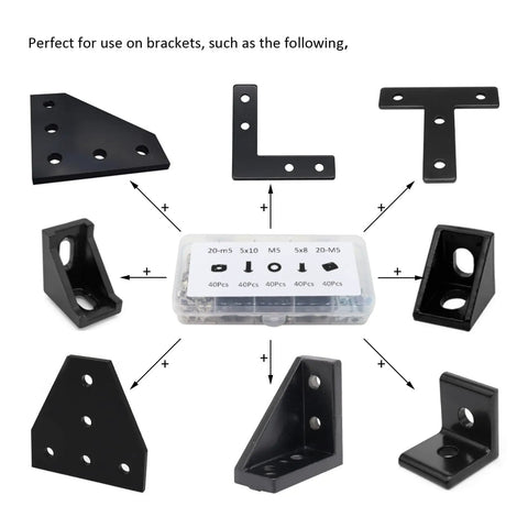 Image of bracket pieces surrounding the organized clear case from the 200 Piece 2020 Aluminum Extrusion Hardware Kit with M5 T Slot Nuts Bolts.