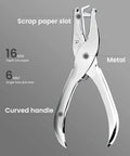 Two Piece Circle Hole Punch Set 1/8 Inch And 1/4 Inch Diameters For Crafts Tags Tickets Six Sheet Capacity Durable Steel Construction shown close-up with scrap paper slot and curved handle.