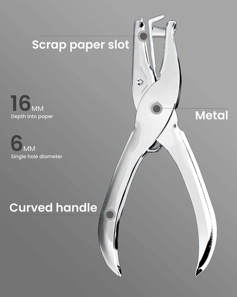 Two Piece Circle Hole Punch Set 1/8 Inch And 1/4 Inch Diameters For Crafts Tags Tickets Six Sheet Capacity Durable Steel Construction shown close-up with scrap paper slot and curved handle.