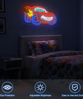 Racing Car Neon Sign Wall Decor With Dynamic LED Glow for boys bedrooms, featuring anime-themed light on a wall above a bed.