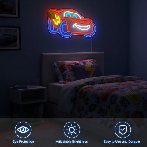 Racing Car Neon Sign Wall Decor With Dynamic LED Glow for boys bedrooms, featuring anime-themed light on a wall above a bed.