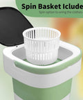 Slick Portable Washing Machine With Dependable Spin Basket, Foldable Mini Washer For Apartment Or College Dorm, Three Cycle Deep Clean Collapsible Laundry Tub In Green with included spin basket.