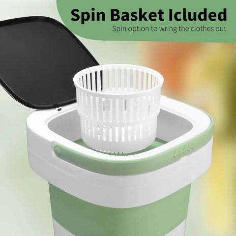 Slick Portable Washing Machine With Dependable Spin Basket, Foldable Mini Washer For Apartment Or College Dorm, Three Cycle Deep Clean Collapsible Laundry Tub In Green with included spin basket.