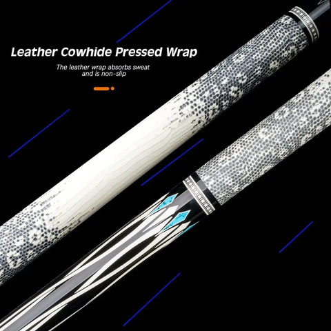 Premium Pool Billiard Cue Crafted From Top Grade Maple Shaft With Comfortable Leather Handle Delivers Unmatched Sweet Spot Accuracy And Knockout Power For Serious Players Wanting Crack Shot Precision On The Felt, showcasing leather cowhide pressed wrap.