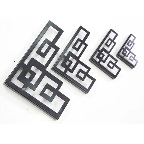 Rock Solid Heavy Duty Iron Corner Shelf Brackets Two Pack retro geometric design in black, ideal for stylish wall storage.
